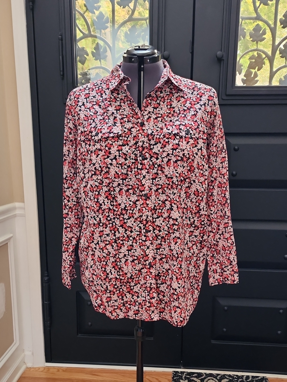 Ralph Lauren Red, Pink and Black Floral Button-Front Blouse